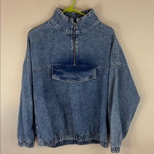 Boohoo Blue Pull Over Quarter Zip Acid Wash Denim Jacket Size 12